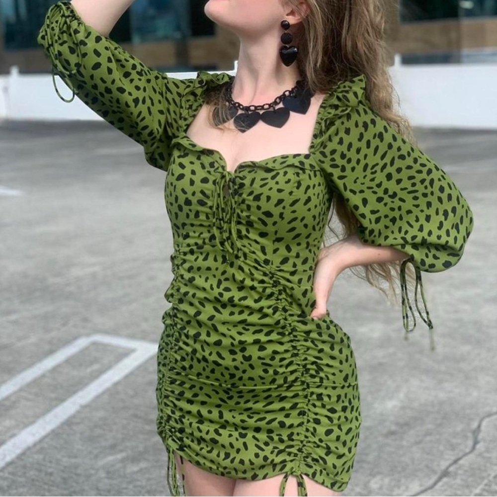 Green Polka Dot Dress Flirty Party Date Ruffles Lace Up Signature 8